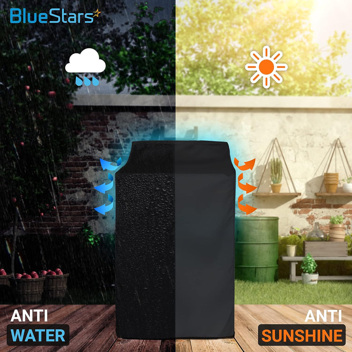 Black waterproof and sun-resistant washing machine cover showing outdoor weather protection features.