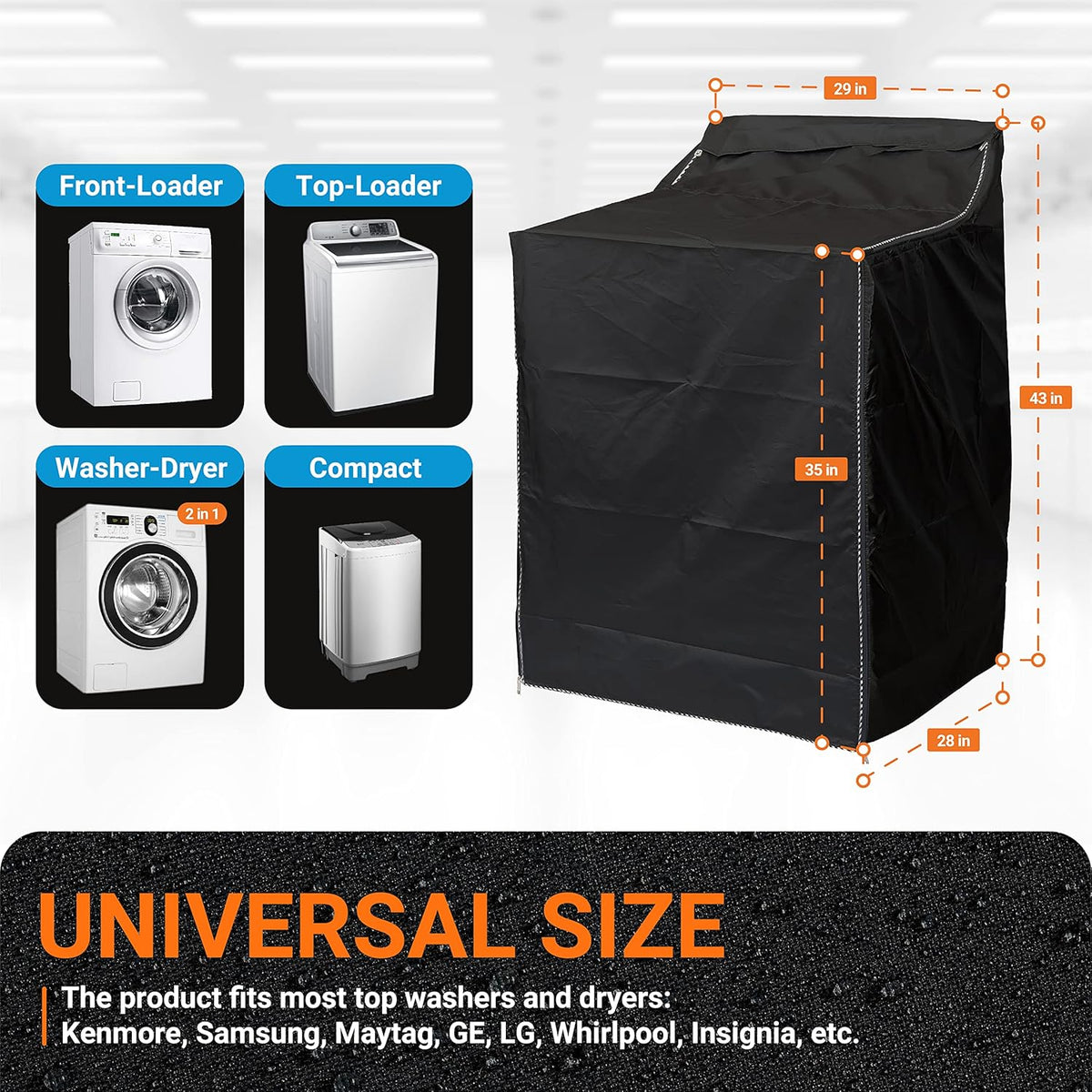 Black washing machine cover showing dimensions and compatibility with front-load and top-load washer dryer units.