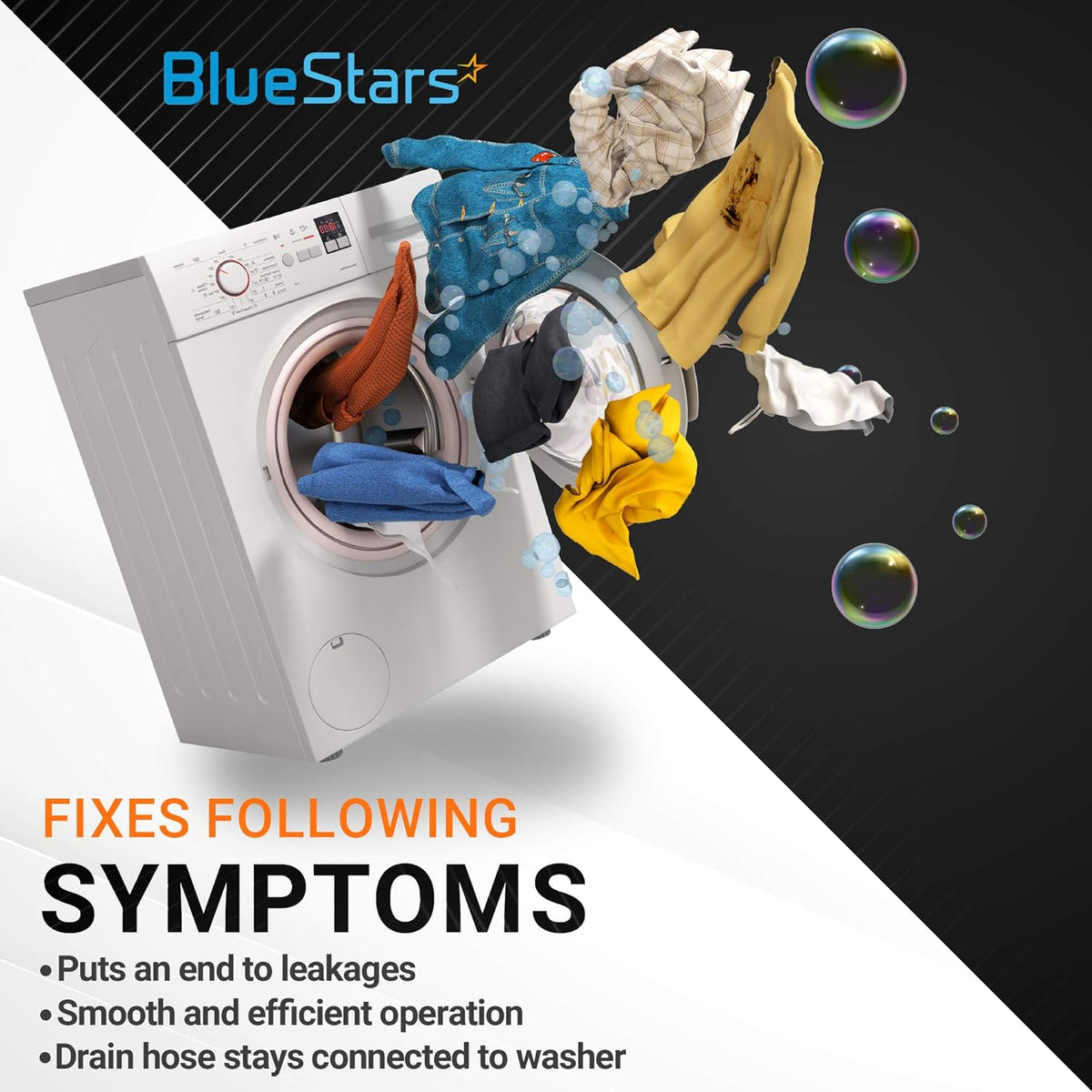 BlueStars graphic showing a washing machine with laundry and bubbles to illustrate symptoms fixed by the drain hose clip.