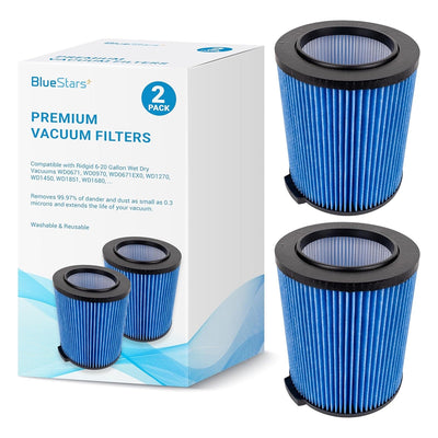 Two VF5000 3-layer replacement filters for Ridgid shop vacs with retail packaging box.