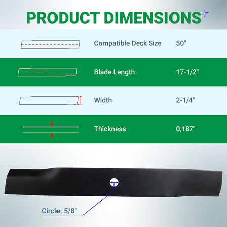 Technical dimension chart for 50-inch mower blade compatible with Toro TimeCutter and Exmark Quest.