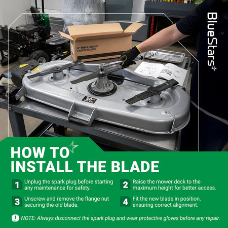 Installation guide showing how to replace 50-inch mower blades on a Toro TimeCutter mower deck.