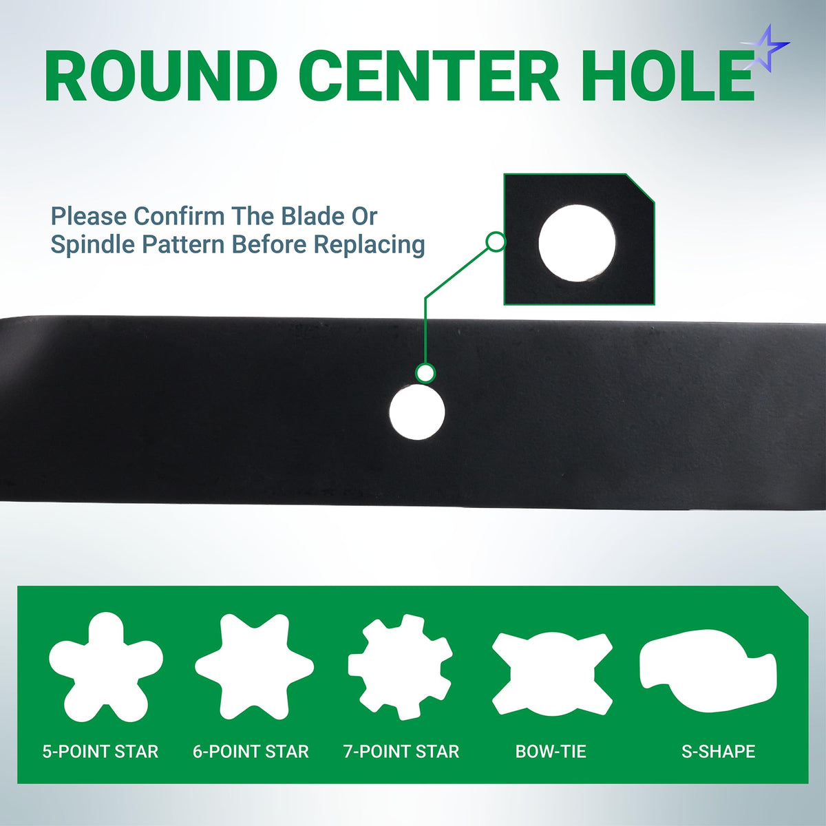 Close-up of 115-5059-03 mower blade showing round center hole pattern for Toro TimeCutter and Exmark compatibility.