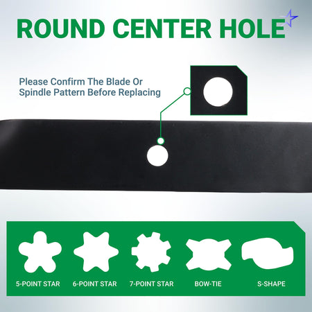 Close-up of 115-5059-03 mower blade showing round center hole pattern for Toro TimeCutter and Exmark compatibility.