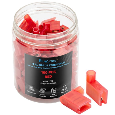 Clear plastic jar filled with 100 red female flag spade terminals with two loose connectors in front.