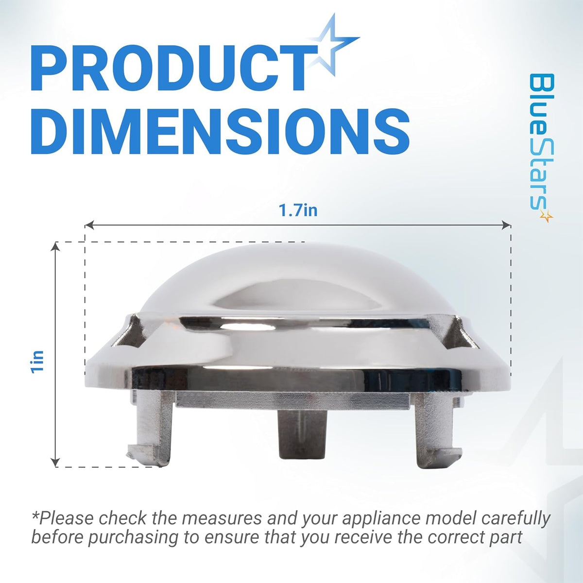 Dimensional diagram of DC66-00777A Samsung washer pulsator cap showing 1.7-inch width and 1-inch height.