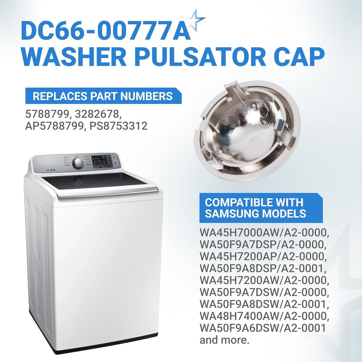 Infographic showing DC66-00777A washer pulsator cap, compatible Samsung washing machine models, and replacement part numbers.
