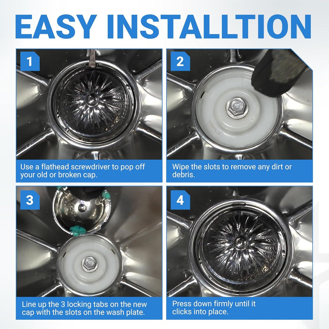 Four-step installation guide for Samsung washer pulsator cap DC66-00777A showing how to replace the wash plate cover.