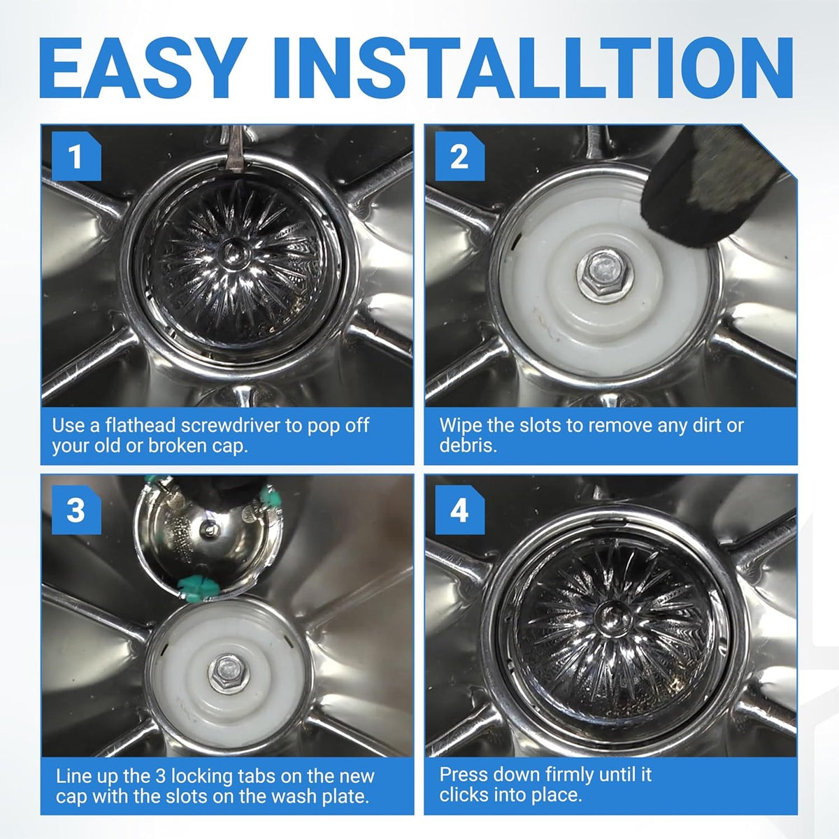 Four-step installation guide for Samsung washer pulsator cap DC66-00777A showing how to replace the wash plate cover.