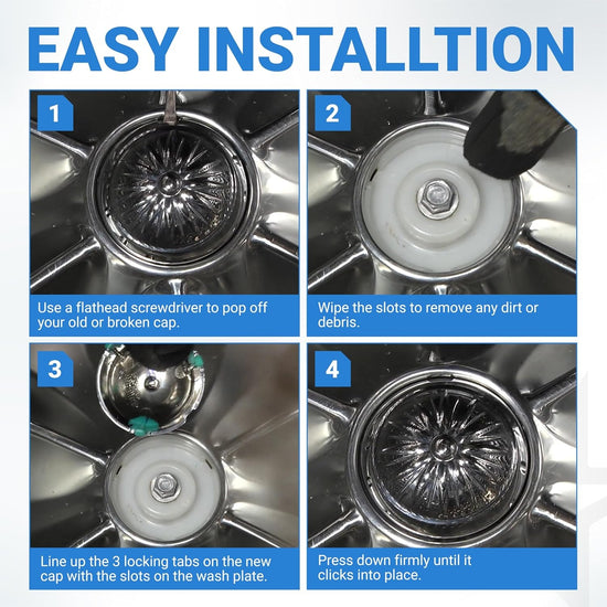 Four-step installation guide for Samsung washer pulsator cap DC66-00777A showing how to replace the wash plate cover.
