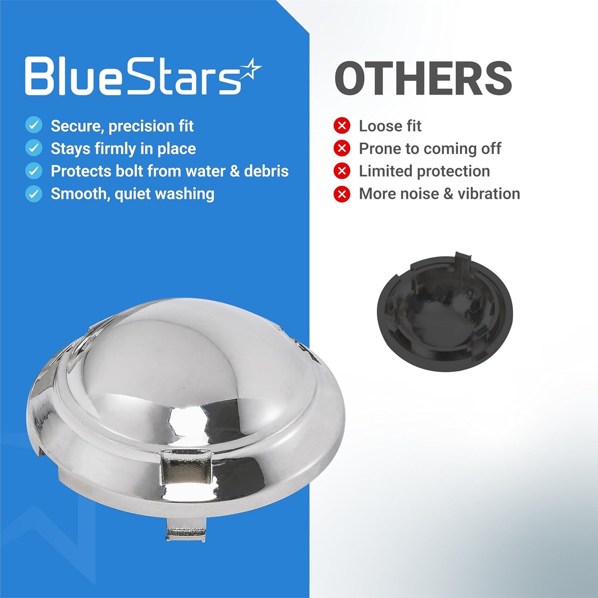 Comparison chart showing the chrome finish of the BlueStars DC66-00777A washer pulsator cap versus a generic black cap.
