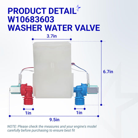 W10683603 washer water inlet valve with dimensions diagram showing red and blue hose connections.