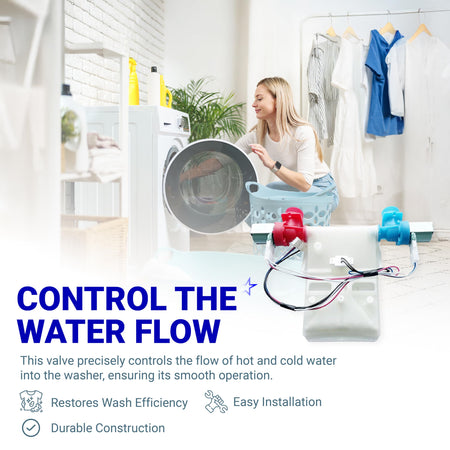 Washing machine dual water inlet valve with red and blue connectors for precise water flow control.