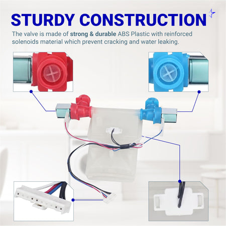 Durable ABS plastic washing machine water inlet valve with reinforced solenoids and wiring harness details.