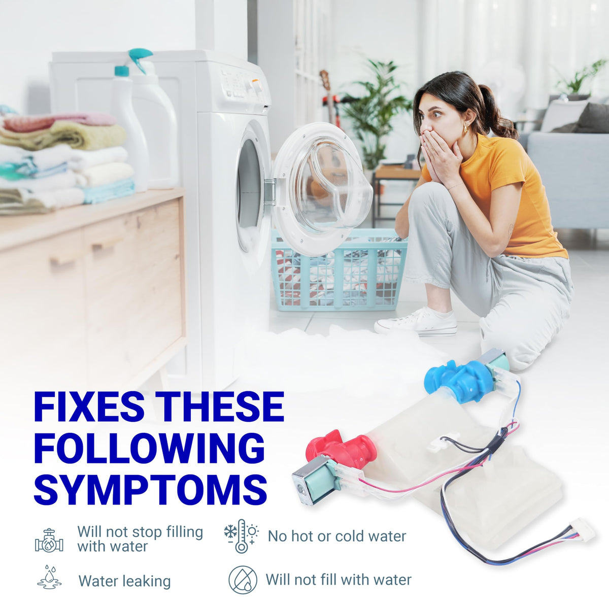 Washing machine water inlet valve assembly showing common repair symptoms like leaking or failure to fill.