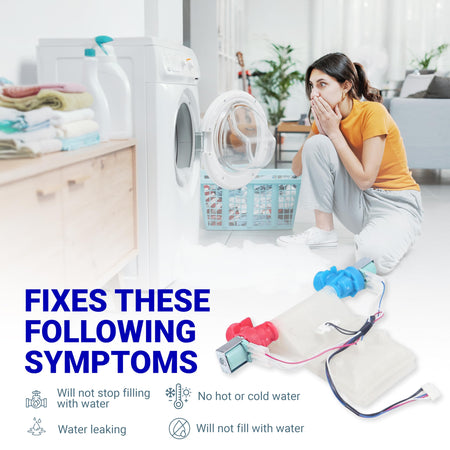 Washing machine water inlet valve assembly showing common repair symptoms like leaking or failure to fill.