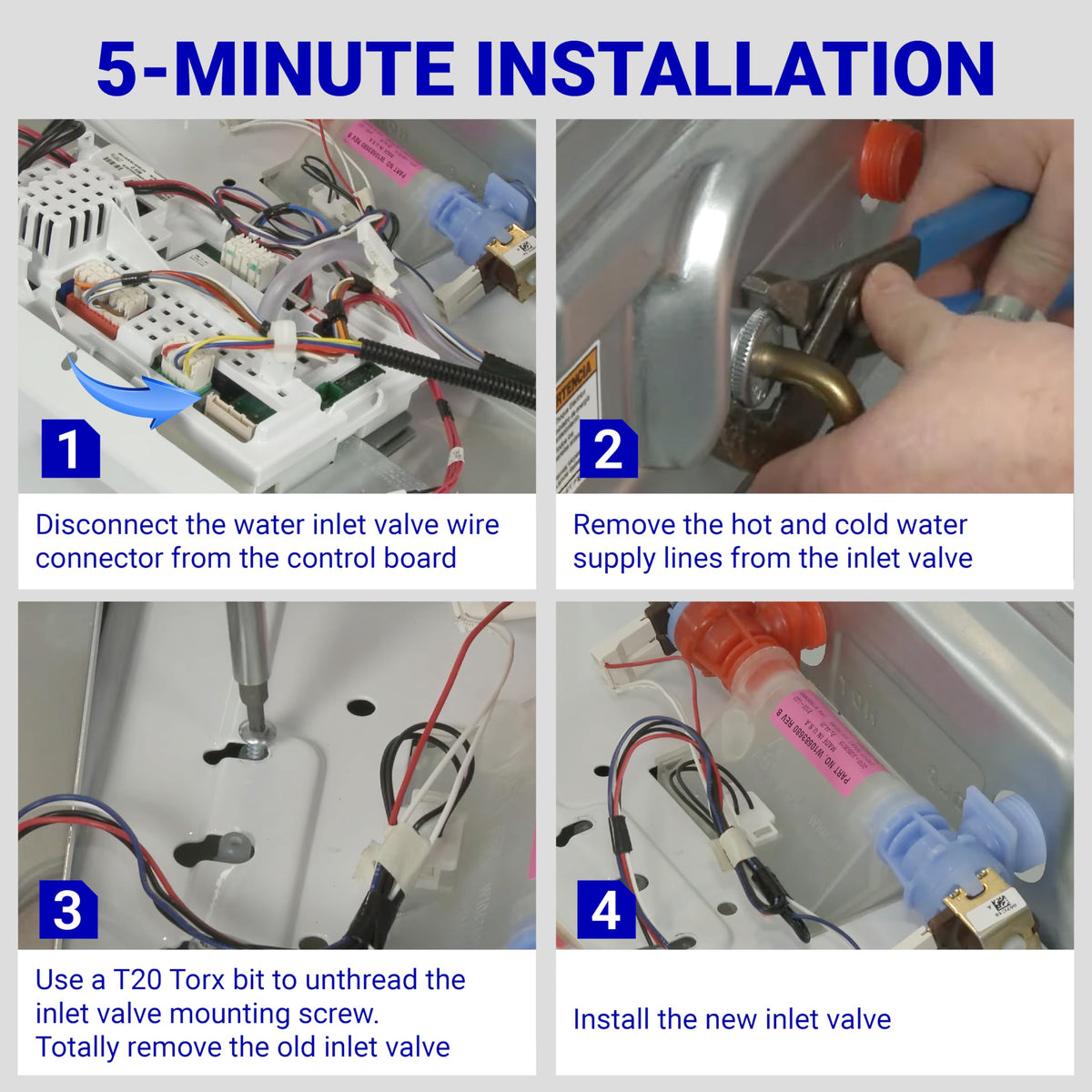 Four-step installation guide for replacing a washing machine water inlet valve.