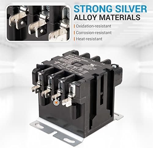 4 pole 40 amp 120 VAC contactor showing silver alloy contact terminals and product specifications.