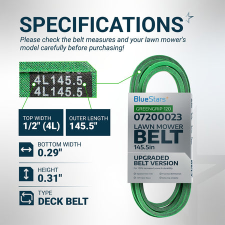07200023 deck belt specifications chart showing dimensions, width, and length for Ariens and Gravely lawn mowers.