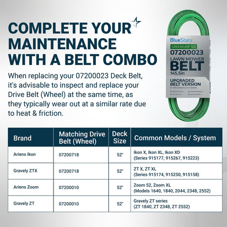 07200023 green deck belt for 52-inch Ariens and Gravely mowers with maintenance compatibility chart.