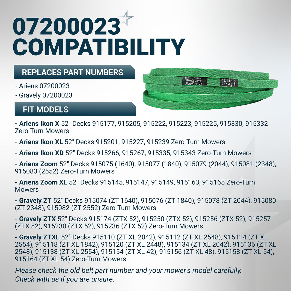 Compatibility chart for 07200023 deck belt for Ariens and Gravely 52-inch zero-turn mowers.