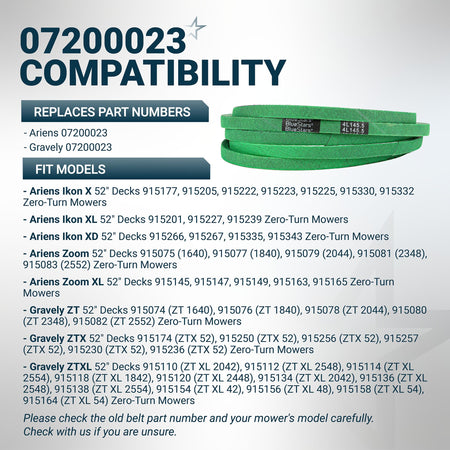 Compatibility chart for 07200023 deck belt for Ariens and Gravely 52-inch zero-turn mowers.