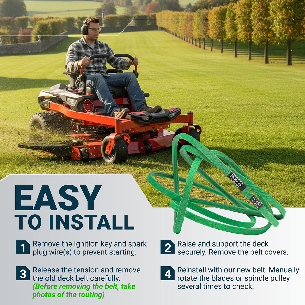 Replacement 07200023 deck belt for 52-inch Ariens and Gravely mowers with easy installation guide.