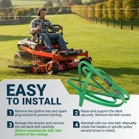 Replacement 07200023 deck belt for 52-inch Ariens and Gravely mowers with easy installation guide.