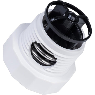 Close-up of 9-100-9002 pressure relief valve showing white threaded housing, internal metal spring, and black top cap.