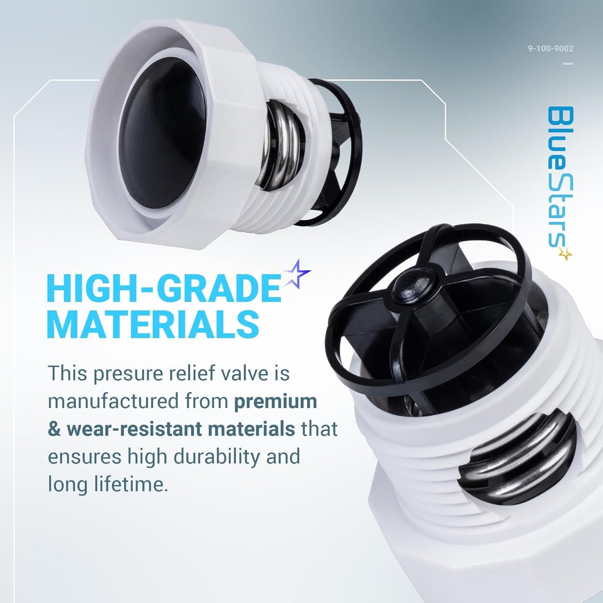 Two views of the 9-100-9002 pressure relief valve showing the white housing, internal spring, and black plastic components.