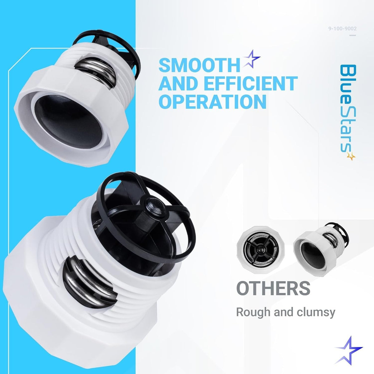 Comparison graphic of 9-100-9002 pressure relief valve showing smooth operation versus competitor parts.