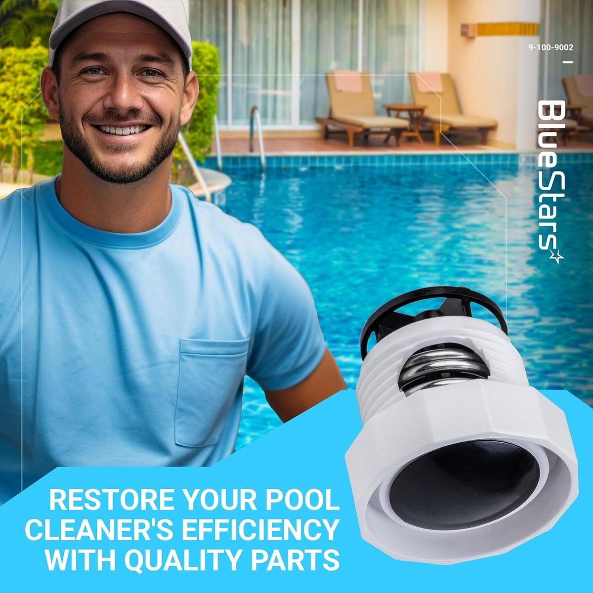 Close-up of 9-100-9002 pressure relief valve for pool cleaners against a swimming pool background.