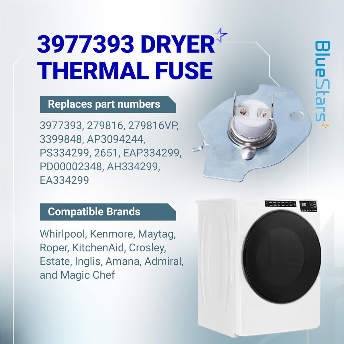 3977393 dryer thermal fuse shown with replacement part numbers, compatible brand list, and dryer image