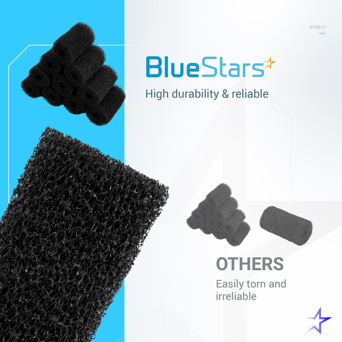 Comparison graphic showing BlueStars 370017 sweep hose tail scrubber replacement foam for Pentair pool cleaners.