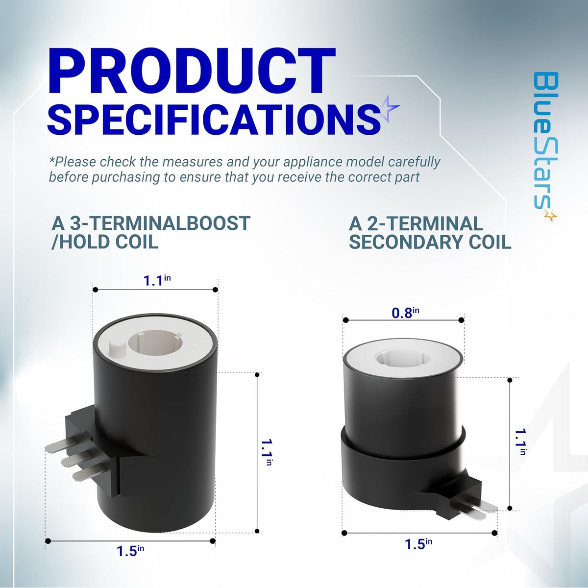279834 Dryer Gas Valve Ignition Solenoid Coil Kit specifications diagram showing 3-terminal and 2-terminal coils with dimensi