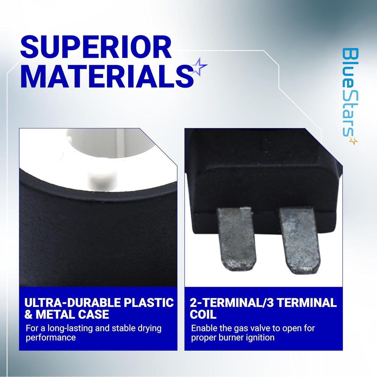 279834 Dryer Gas Valve Ignition Solenoid Coil Kit, close-ups of plastic and metal case and coil terminals
