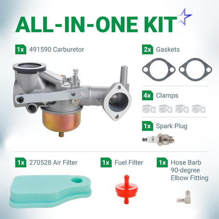491590 carburetor all-in-one maintenance kit with gaskets, air filter, fuel filter, spark plug, and hose fittings.