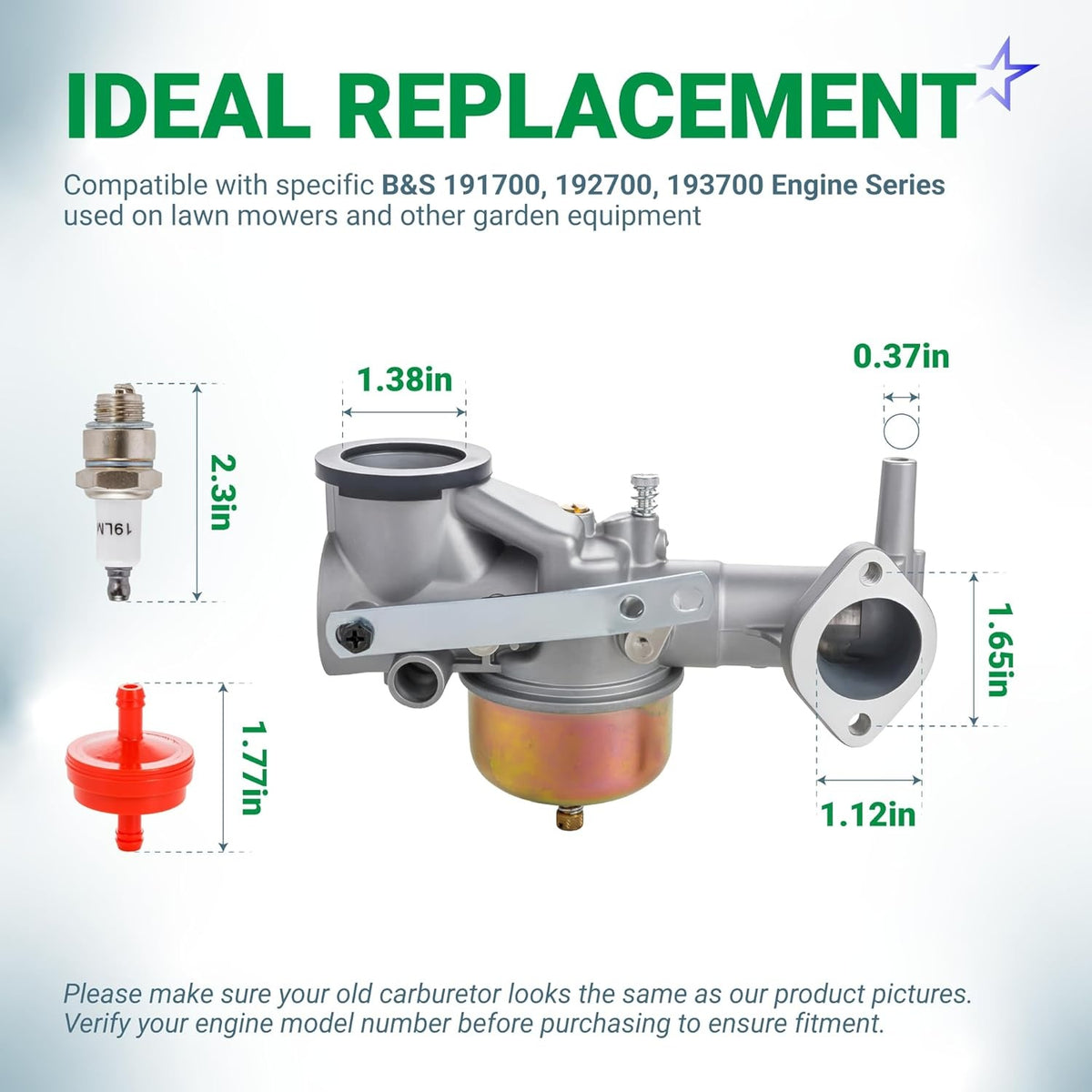 491590 carburetor replacement kit with spark plug and fuel filter showing dimensions for B&S engine compatibility.