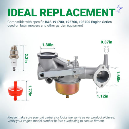 491590 carburetor replacement kit with spark plug and fuel filter showing dimensions for B&S engine compatibility.