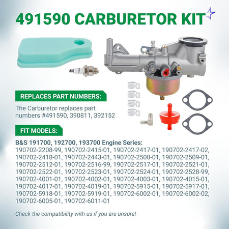 491590 carburetor maintenance kit with air filter, spark plug, fuel filter, gaskets, and clips for B&S vertical engines.