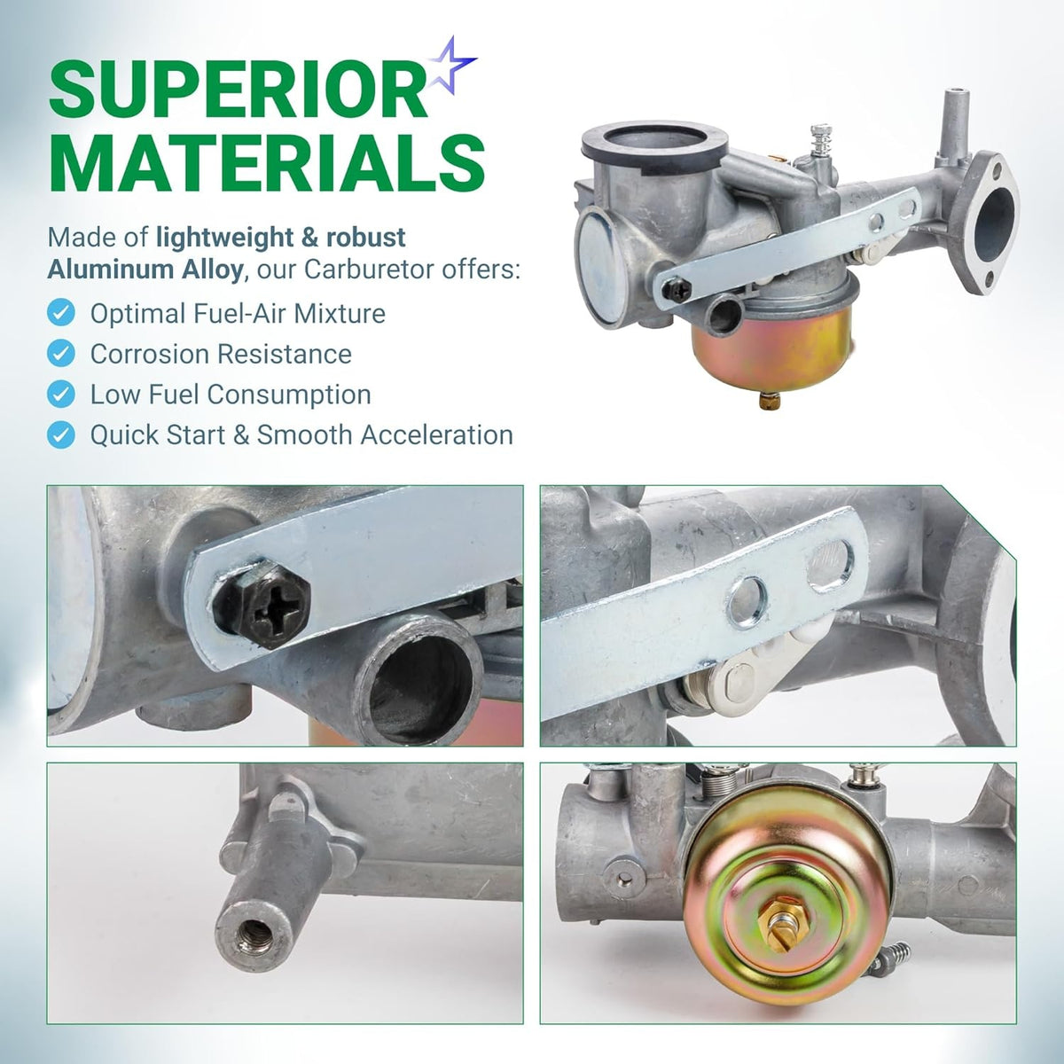 491590 carburetor for B&S engines showing aluminum alloy construction and close-up detail views of components.