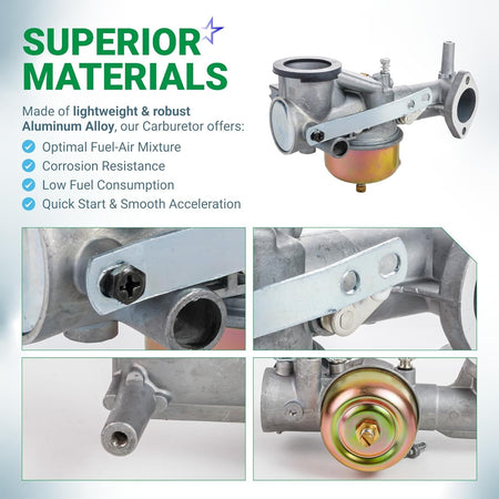 491590 carburetor for B&S engines showing aluminum alloy construction and close-up detail views of components.