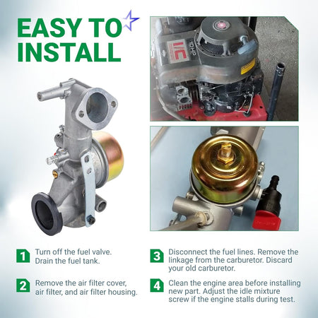 Installation guide for 491590 carburetor showing engine compatibility and step-by-step replacement instructions.
