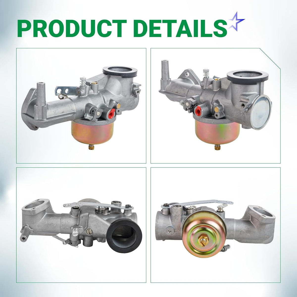 Multi-angle product detail view of 491590 carburetor for Briggs & Stratton vertical engines.