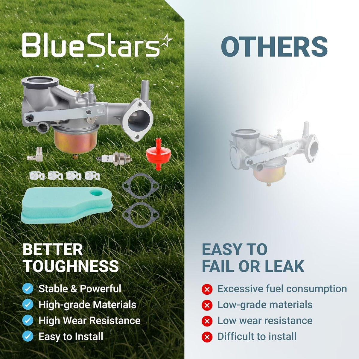 Comparison chart showing BlueStars 491590 carburetor kit components versus lower quality alternatives.