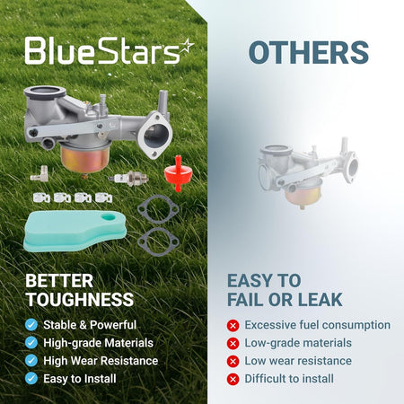 Comparison chart showing BlueStars 491590 carburetor kit components versus lower quality alternatives.
