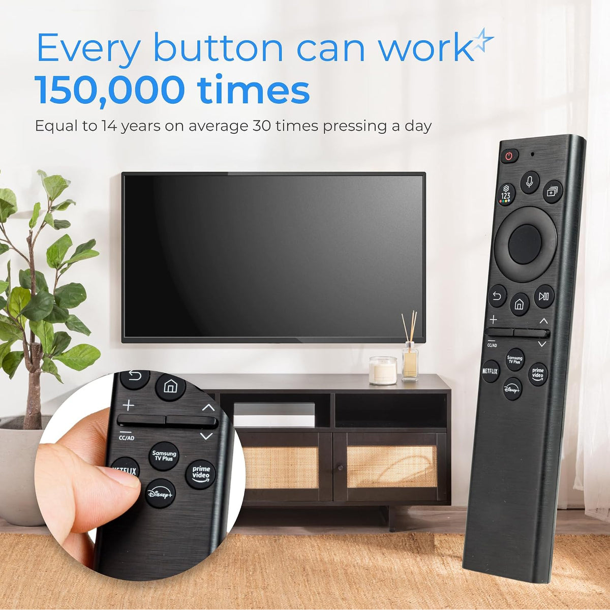 RM-G2300 V1 Voice Smart Remote shown in hand and upright beside a TV, with 150,000-button durability text