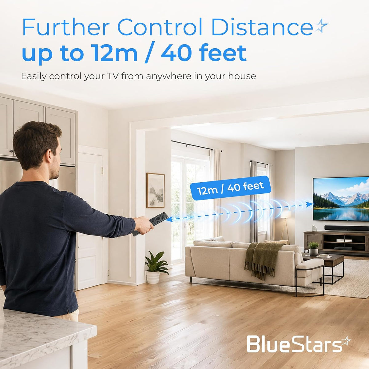 RM-G2300 V1 Voice Smart Remote shown controlling a TV from up to 12m/40 feet