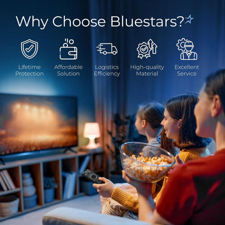RM-G2300 V1 Voice Smart Remote shown in hand as a family watches TV, with Bluestars benefits text above
