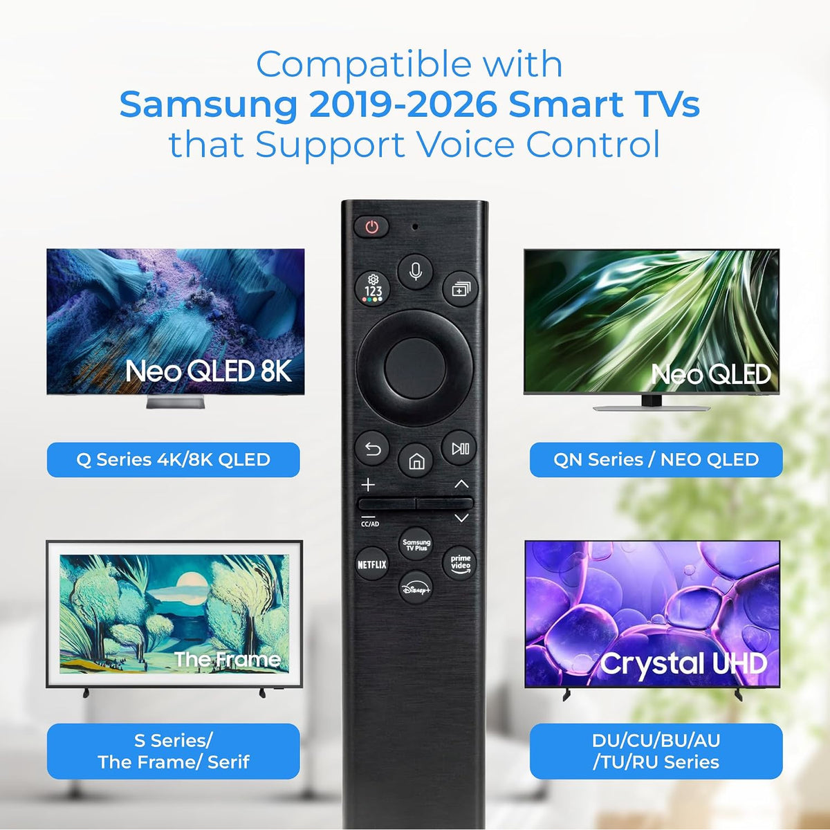 RM-G2300 V1 Voice Smart Remote, graphic showing remote and compatible Samsung 2019–2026 TV series